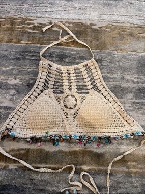 Handmade Crochet Halter Top with Beaded Trim - Beige
